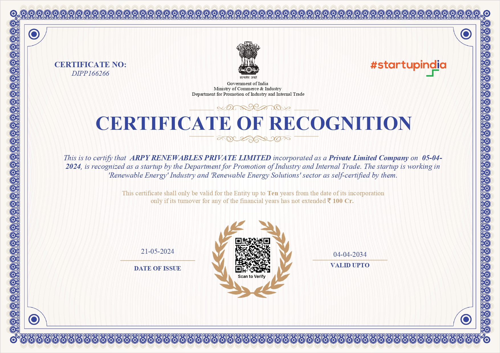 Certificate of Recognition — ARPY Renewables